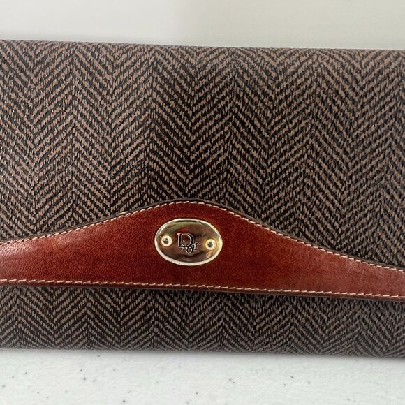 Vtg Christian Dior Herringbone Wallet Clutch Brown Leather Made in Spain - Picture 13 of 14